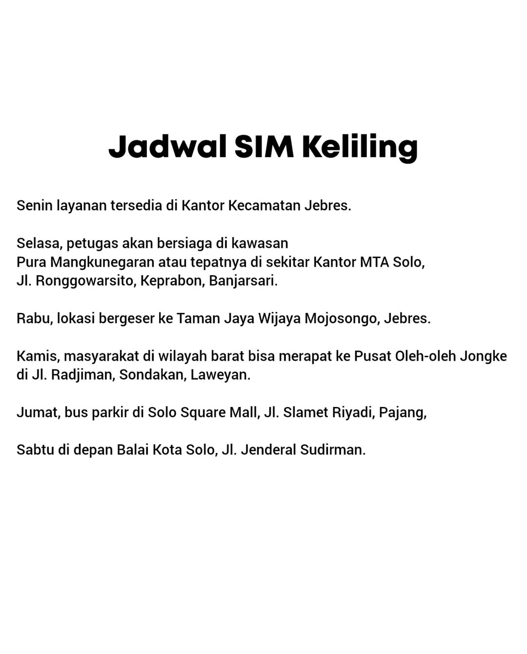 Daftar Jadwal SIM Keliling Kota Solo Maret 2026